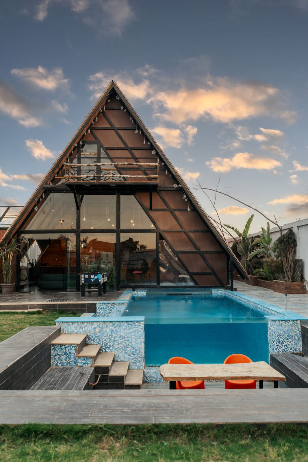 Cabin exterior at sunset